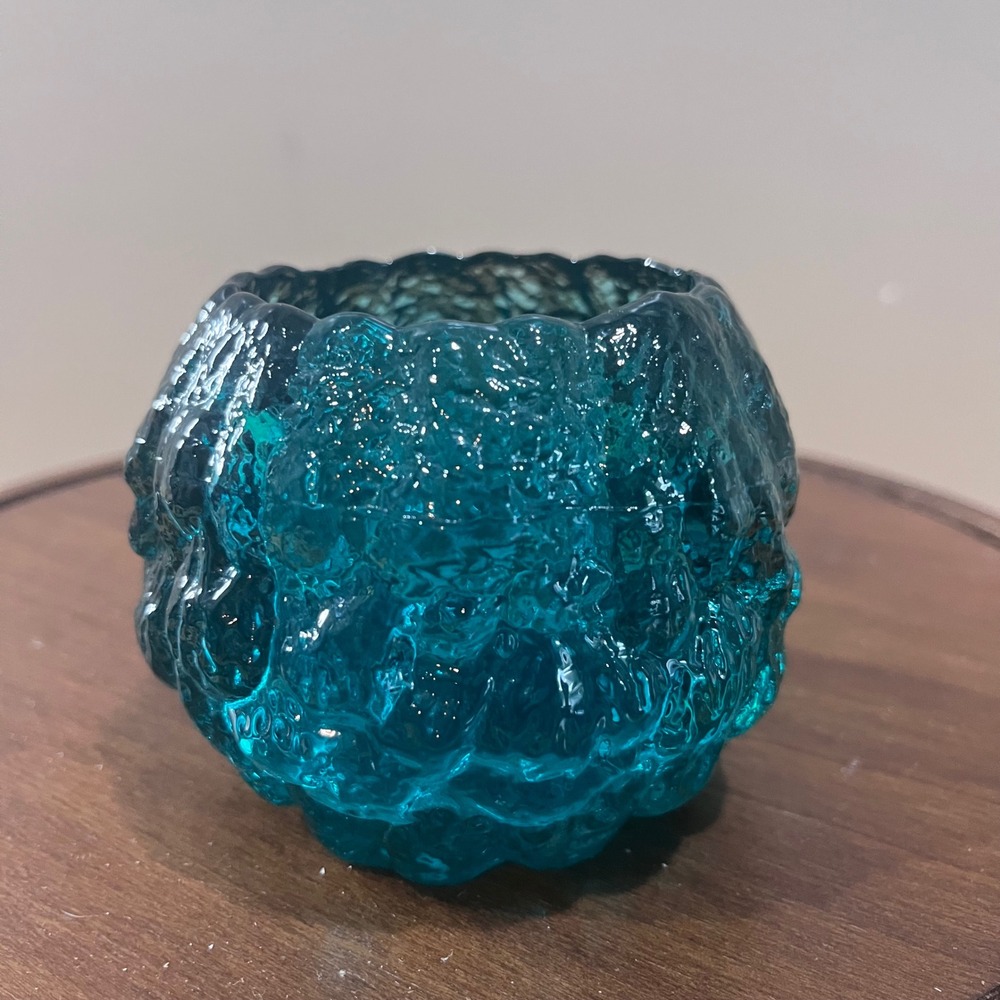 Vtg LE Smith Snowball Votive‎ Teal Blue Textured Glass MCM Candle Holder 3"